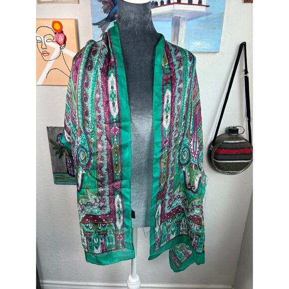Vintage- Soft Silk Shawl Scarf- Very Thin- Shiny Green Purple Design preowned - Picture 5 of 5